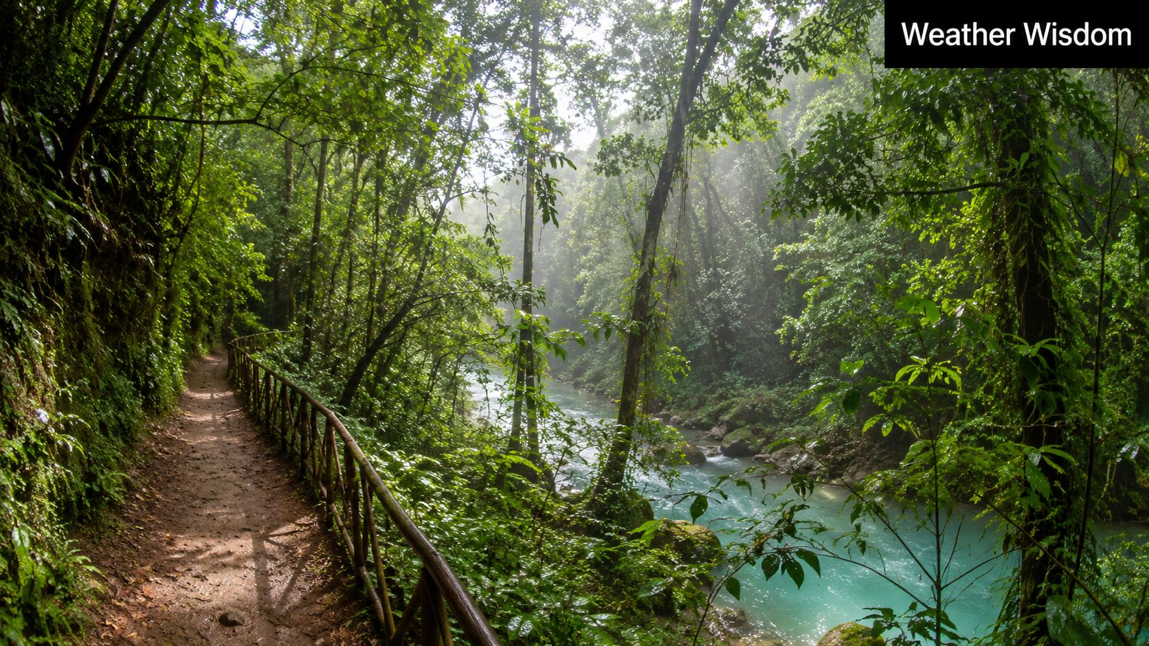 A scenic dirt path lined with a wooden fence beside a turquoise river in a lush rainforest.