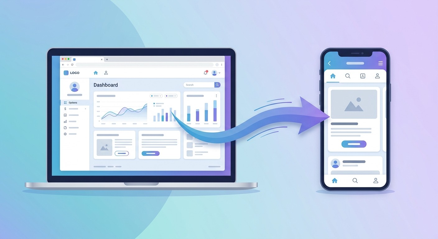 Illustration of a Replit web app on a laptop transforming into a native mobile app on iOS and Android