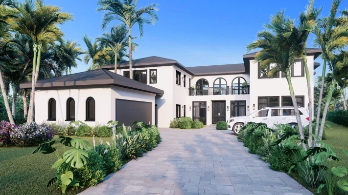 Front exterior of Mediterranean-modern estate with arched windows and three-car garage, Miami