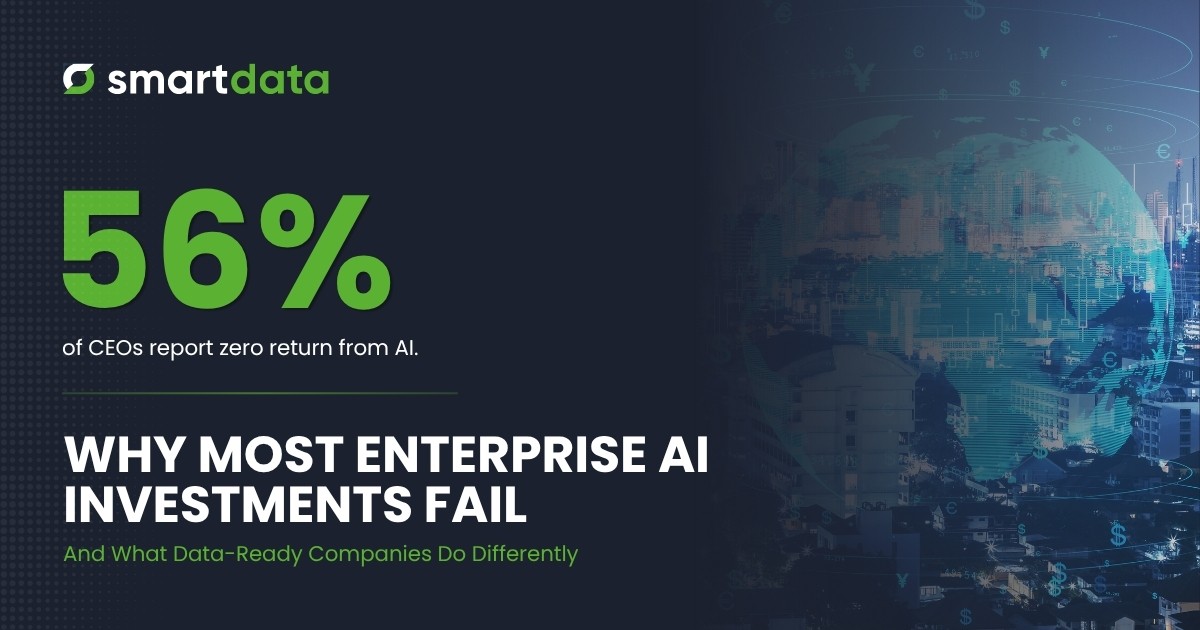 Image with Smart Data logo, futurstic data atop a city and the words "56% of CEOs report zero AI ROI. "Why Most Enterprise AI Investments Fail (And What Data-Ready Companies Do Differently)""