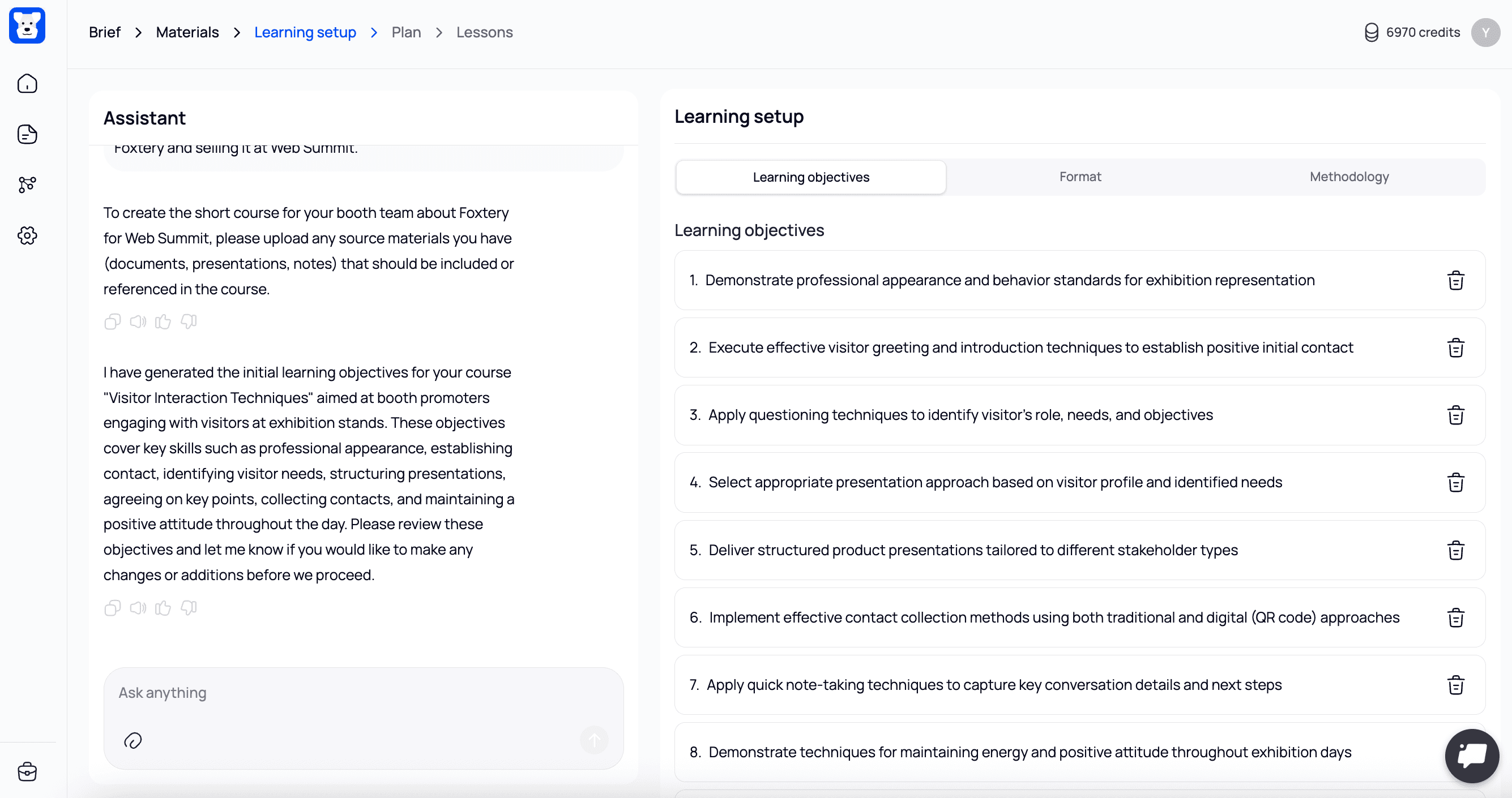 AI course creator learning setup screen showing AI-generated learning objectives for booth staff training
