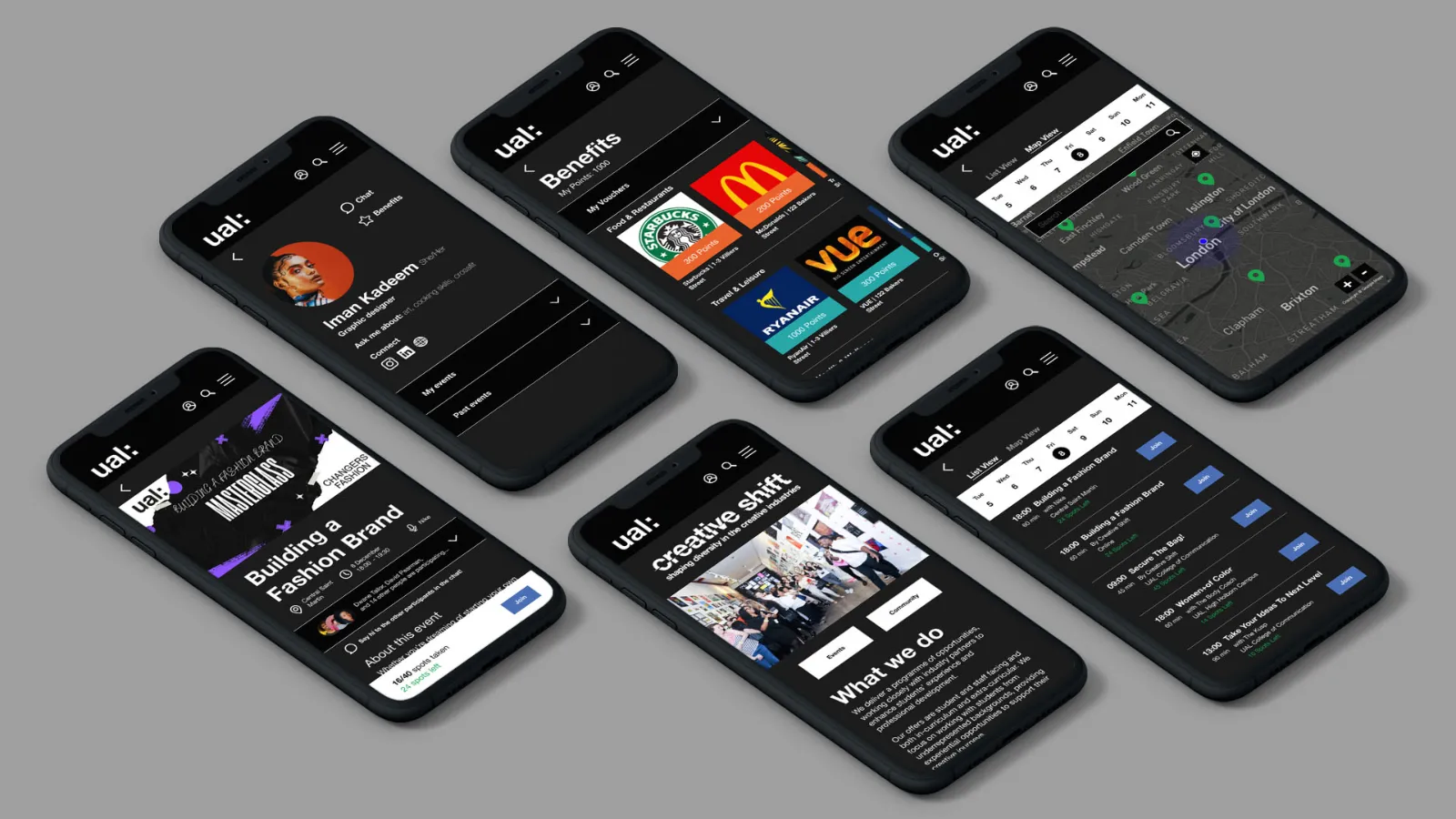 Creative Shift community app screens on several phones