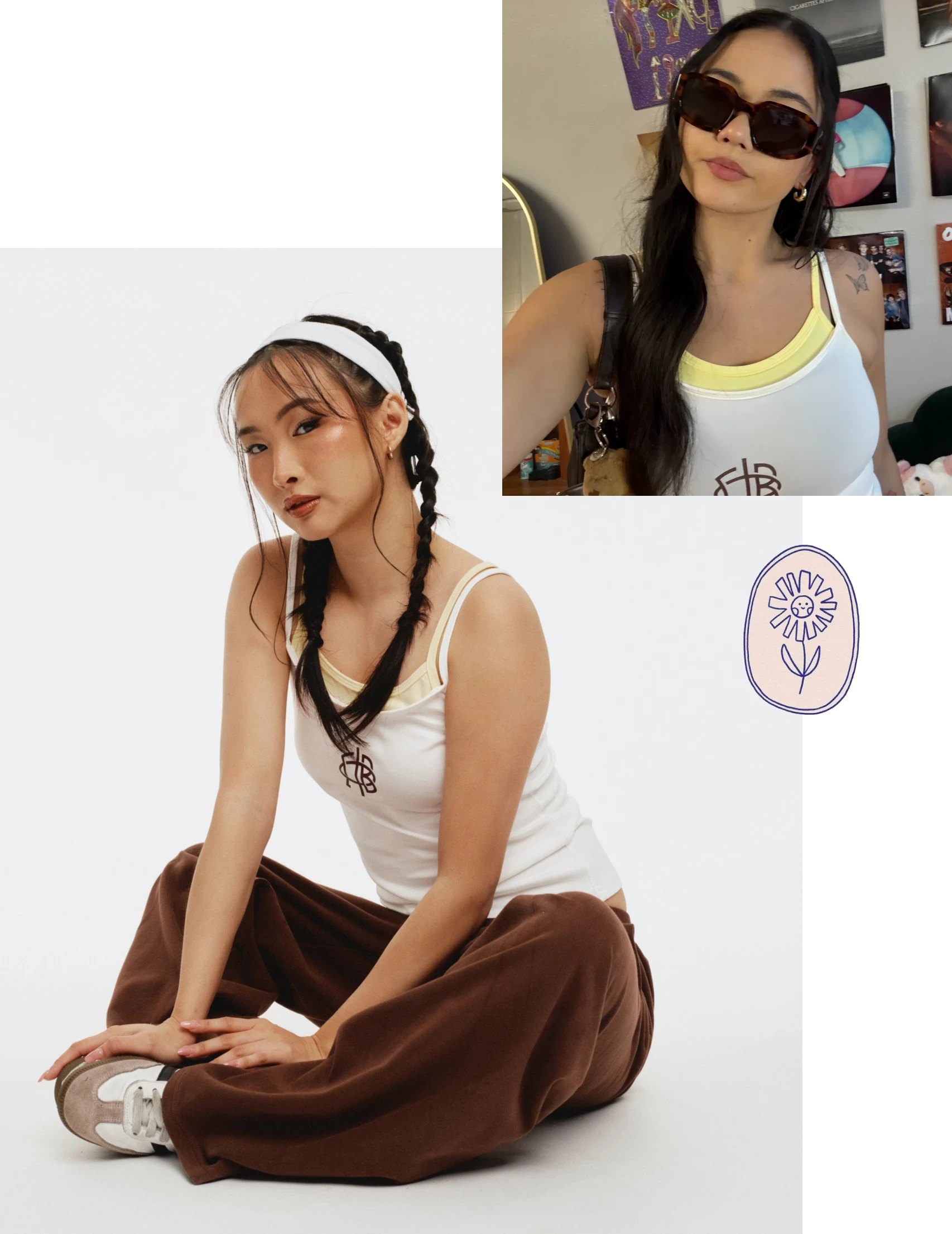 Photos of girls wearing a white tank with yellow trim and a small monogram chest logo, paired with brown sweatpants and a white headband.