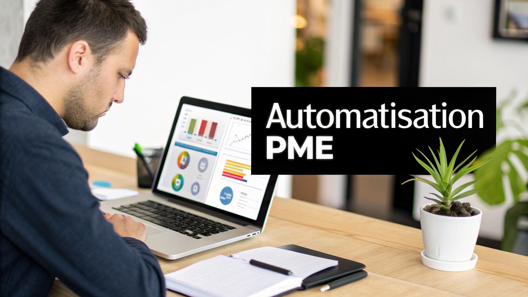 Homme travaillant sur un ordinateur portable affichant des graphiques. Le texte 'Automatisation PME' est visible.