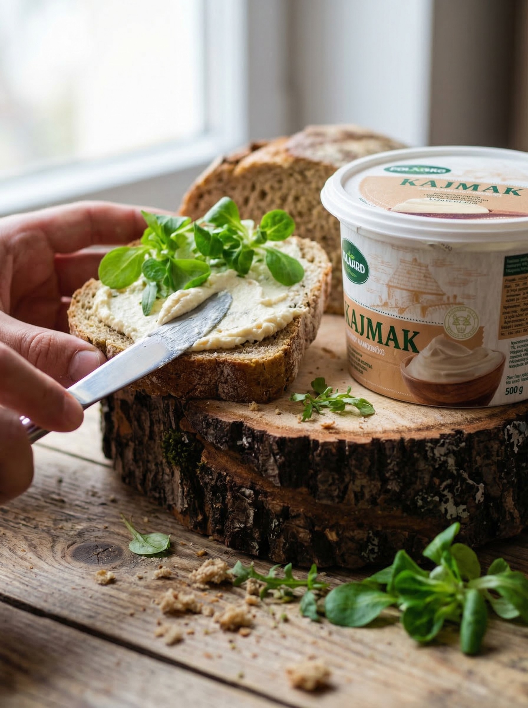 Brood met kajmak spread en kruiden geserveerd in een mediterrane keuken setting