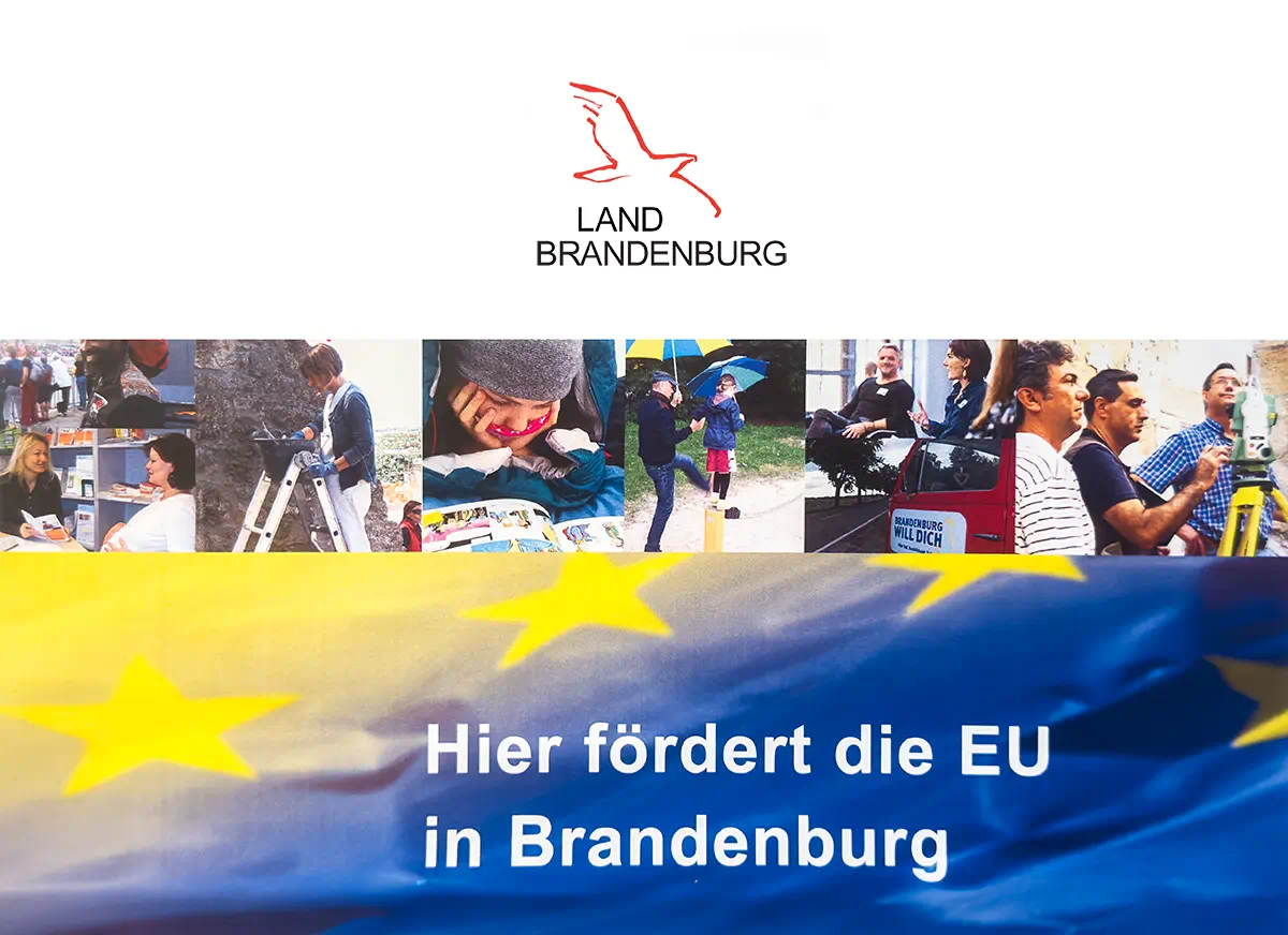 Land Brandenburg logo with EU funding banner featuring the text 'Hier fördert die EU in Brandenburg' over a background of people engaging in community activities and an EU flag.