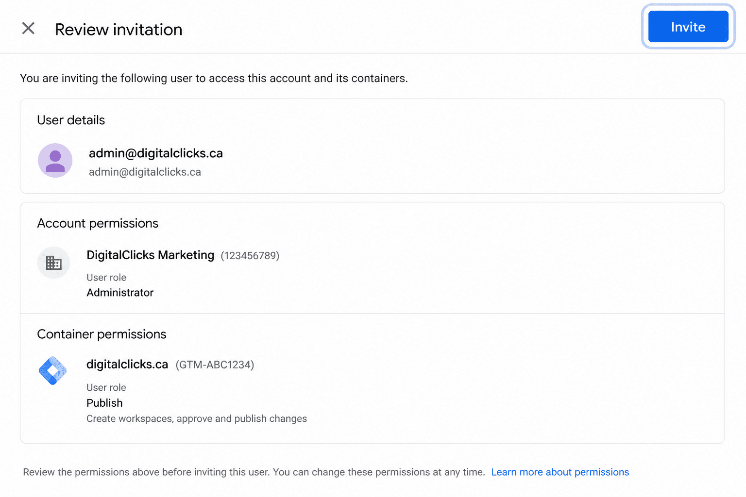 Google Tag Manager user invitation review screen with the Invite button highlighted.