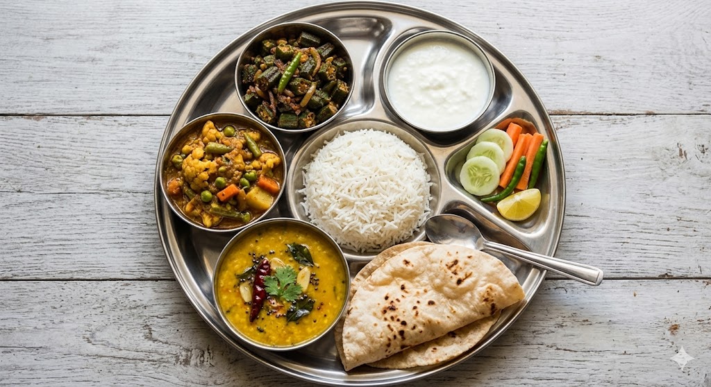 A top-down photograph of a traditional Indian stainless steel thali plate on a rustic wooden table. The thali contains various dishes in small bowls (katoris): a central mound of white steamed rice, dal fry with tadka, dry bhindi masala (okra), mixed vegetable curry, plain yogurt (curd), a fresh salad of sliced cucumbers, carrots, and green chilies, and a lemon wedge. Two soft phulka rotis and a spoon are placed on the side of the main plate. This is a complete, healthy, homemade Indian vegetarian meal.