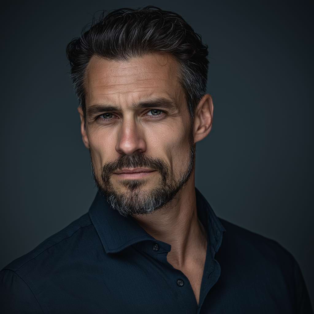 Portrait of a man with short dark hair and beard, wearing a navy collared shirt. He gazes confidently, set against a dark, neutral background.