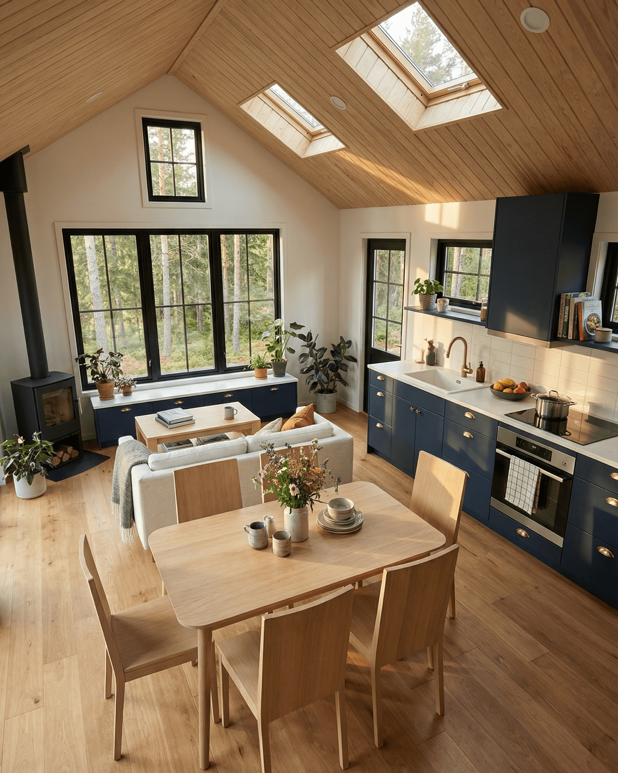 Open-plan cabin interior with navy kitchen, wood dining table, white sofa, skylights, and black-framed windows facing a forest view.