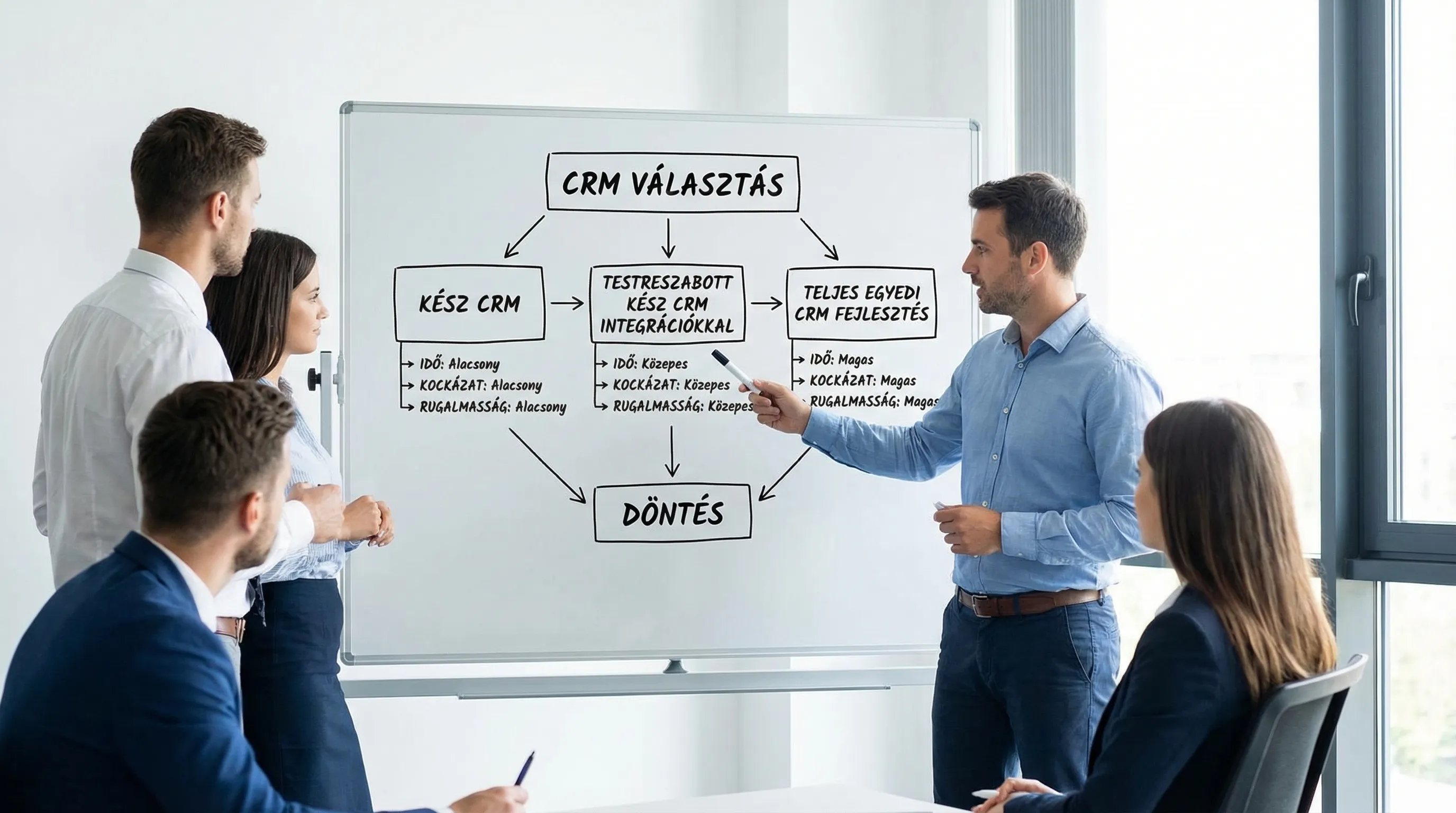 Egyszerű döntési ábra a CRM választáshoz: kész CRM, testreszabott kész CRM integrációkkal, vagy teljes egyedi CRM fejlesztés. A három út mellett 3-3 szempont szerepel: idő, kockázat, rugalmasság.