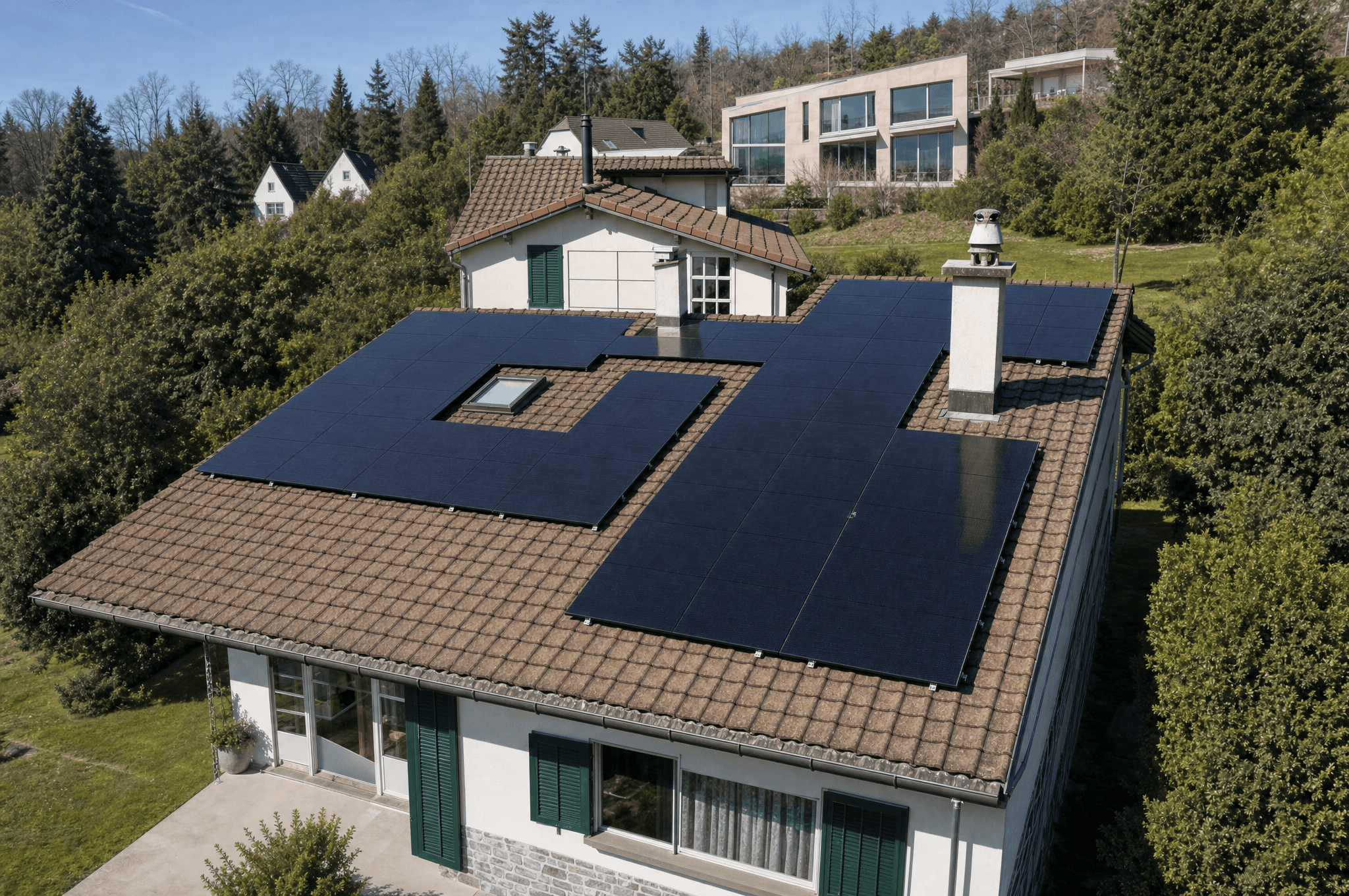 Drohnenansicht der Photovoltaikanlage in Pieterlen aus vorderer Perspektive