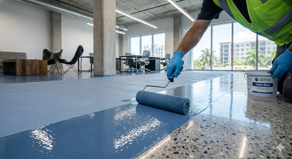 Concrete waterproofing membrane application on a Fort Lauderdale commercial building — Planet Construction FL