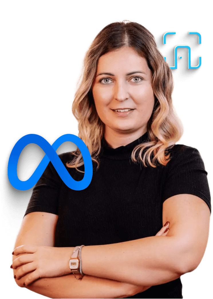 Happy woman in a green sweater holding a phone and looking up