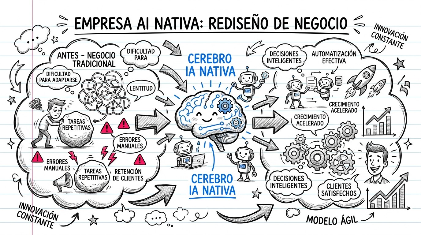 Ilustración doodle sobre empresa AI nativa: comparación entre empresa tradicional e IA nativa, con cerebro, flechas, nubes y elementos tecnológicos en azul rey sobre cuaderno rayado.