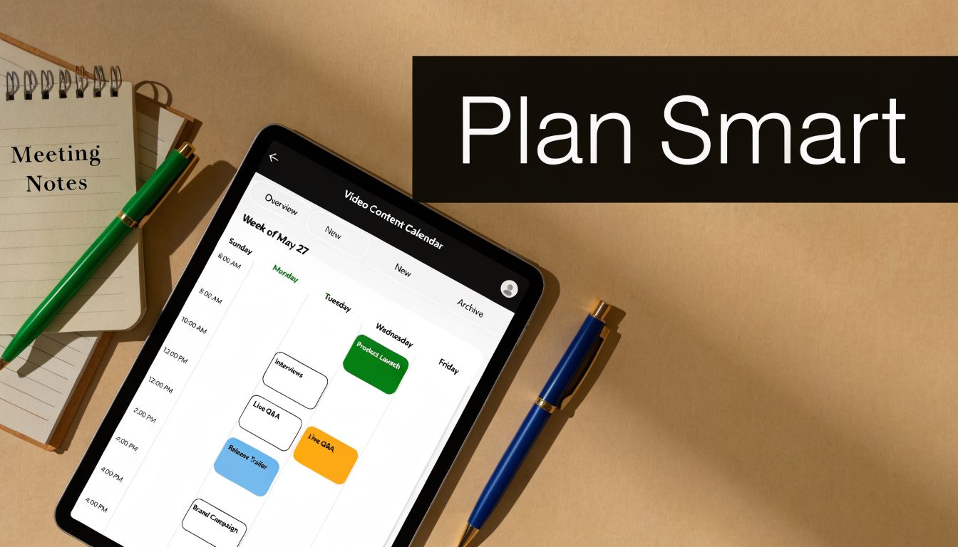 A tablet displaying a video content calendar alongside a notebook and pens on a brown surface.