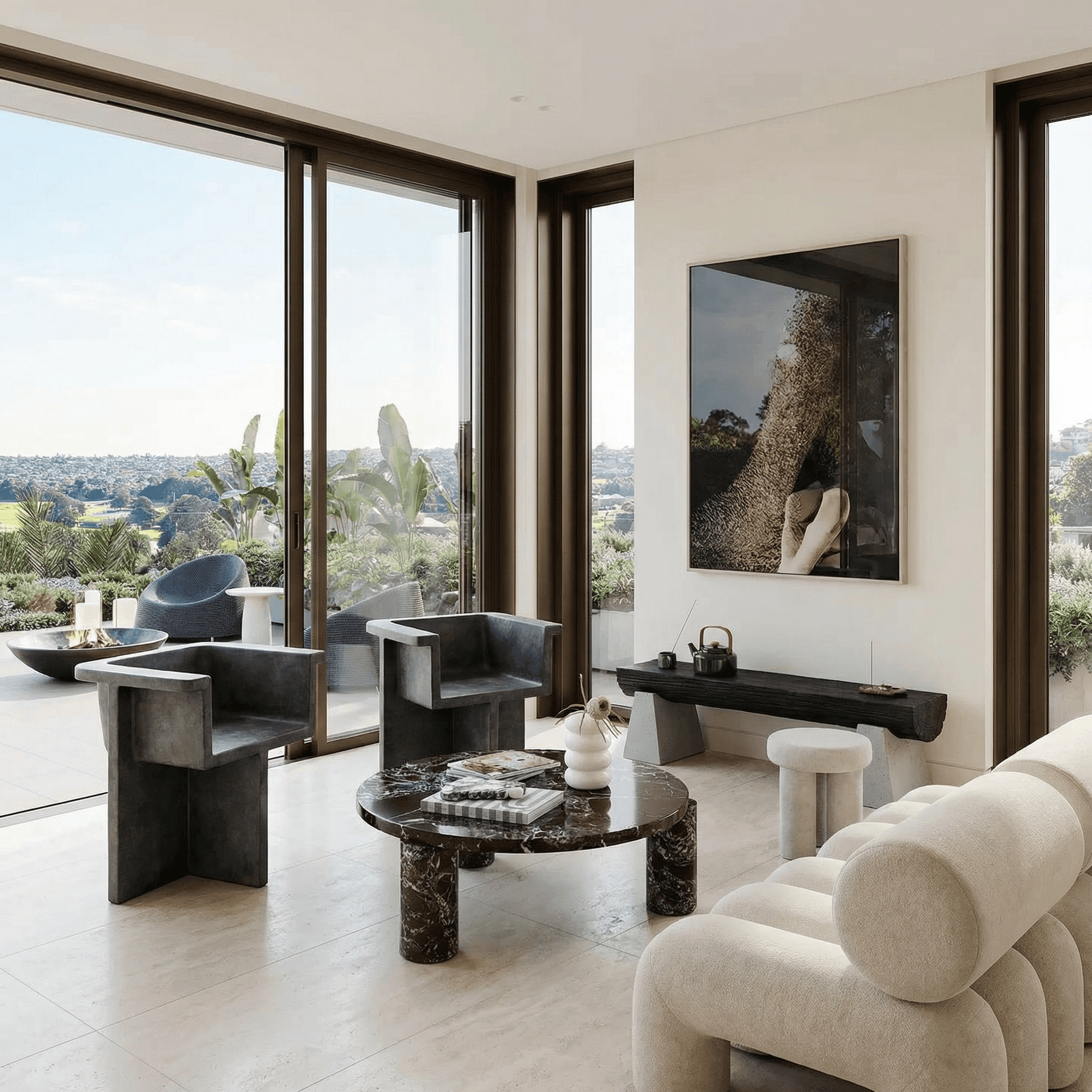 Minimalist interior with curved wooden staircase, rich wood textures, and soft ambient lighting.
