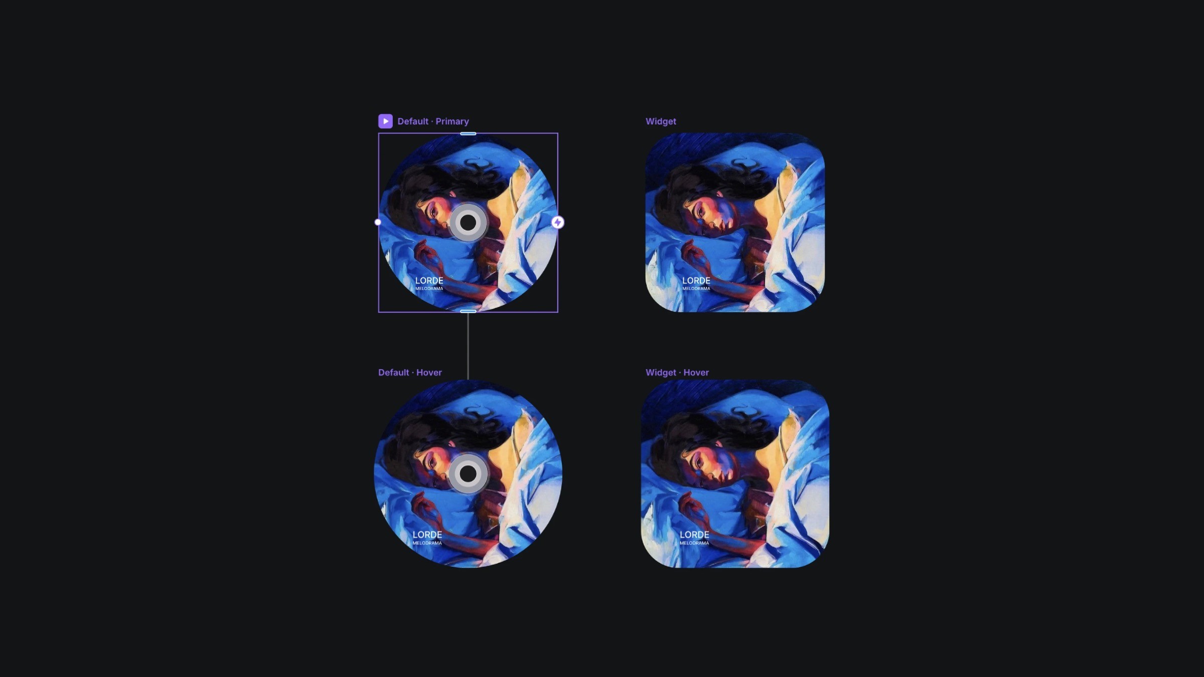 Music player interface showcasing default and hover states for Lorde's Melodrama album in circular and square widgets