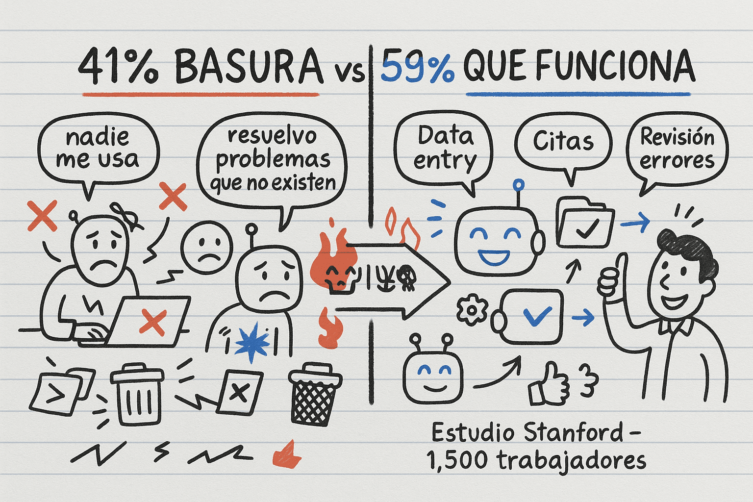 Ilustración estilo doodle en fondo blanco con líneas de cuaderno. En el lado izquierdo (zona roja, 41%), varias apps y robots caricaturizados aparecen tristes, con equis rojas sobre ellos y burbujas que dicen “nadie me usa” y “resuelvo problemas que no existen”, junto a flechas caóticas que apuntan a botes de basura.  En el lado derecho (zona azul, 59%), otros robots y apps felices muestran checks azules, burbujas con tareas como “Data entry”, “Citas” y “Revisión errores”, y un trabajador doodle sonriente con el pulgar arriba.  En el centro hay una línea vertical que divide ambas mitades, con el texto grande “41% BASURA vs 59% QUE FUNCIONA” y debajo “Estudio Stanford - 1,500 trabajadores”. El estilo es divertido, garabateado y anti-corporativo, como notas de un cuaderno de emprendedor.