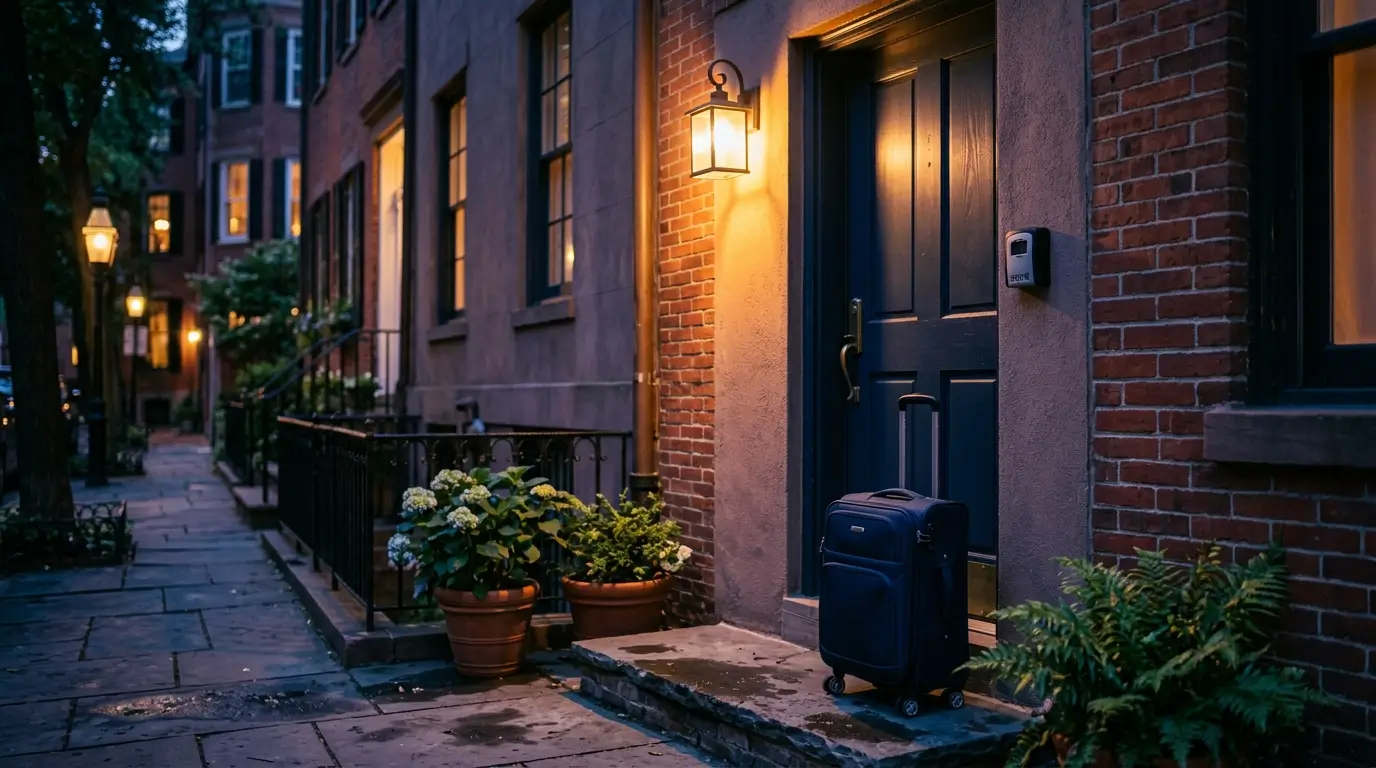 A small studio apartment doorway at night with a lockbox and a suitcase on the step, showing a self check-in arrival.