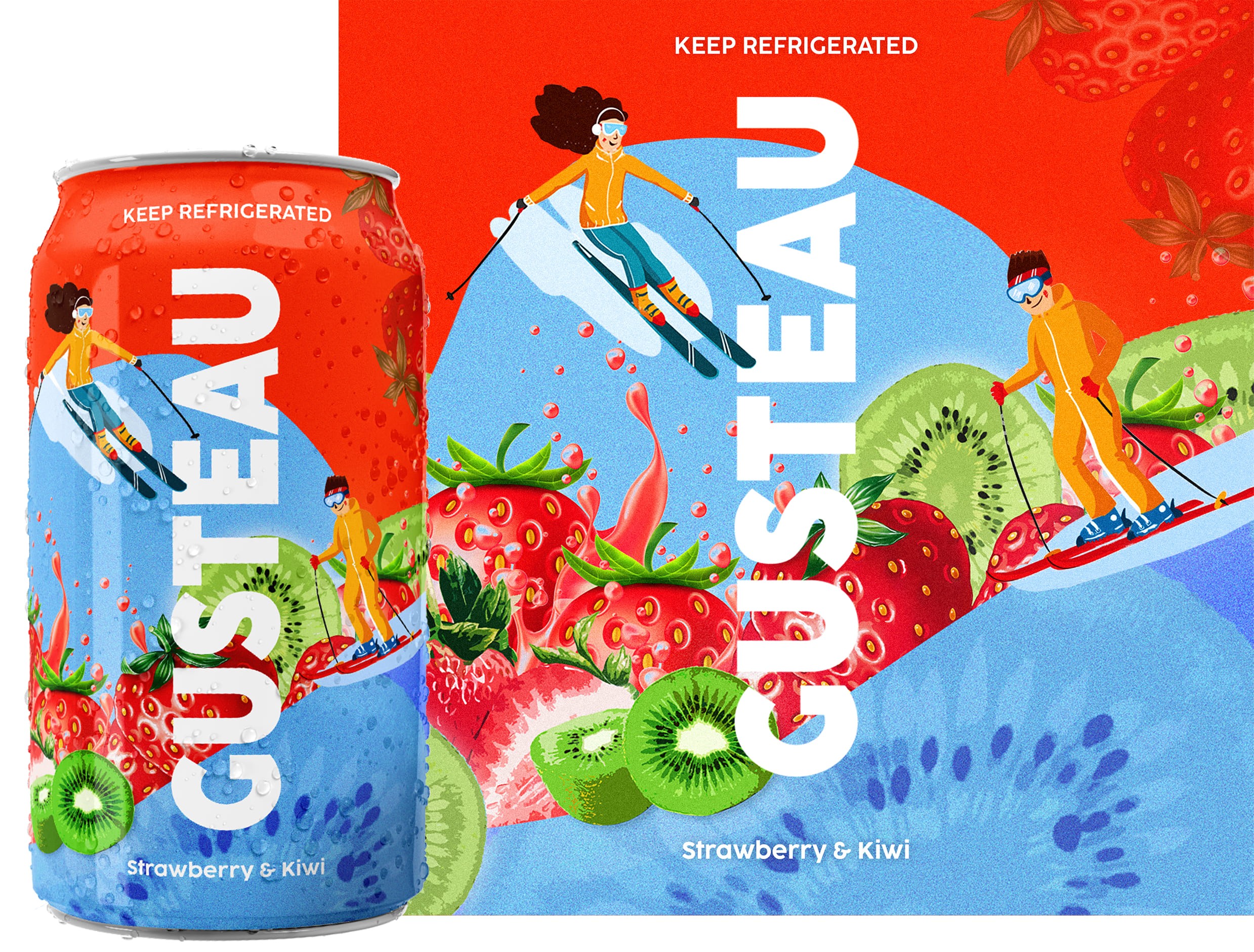 Packaging design for Gusteau beverage brand featuring strawberry and kiwi soda flavor