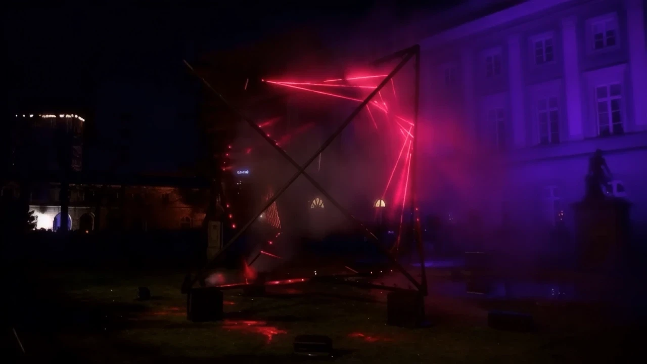 Red laser light installation at night with purple building backdrop