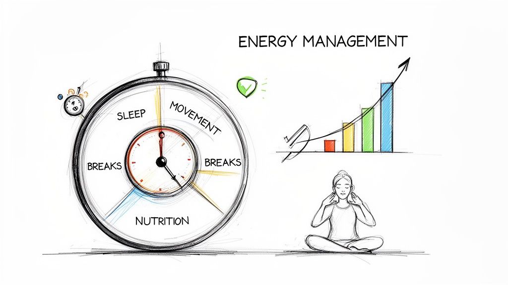 An illustration of energy management strategies: sleep, movement, breaks, nutrition, and mindfulness for growth.