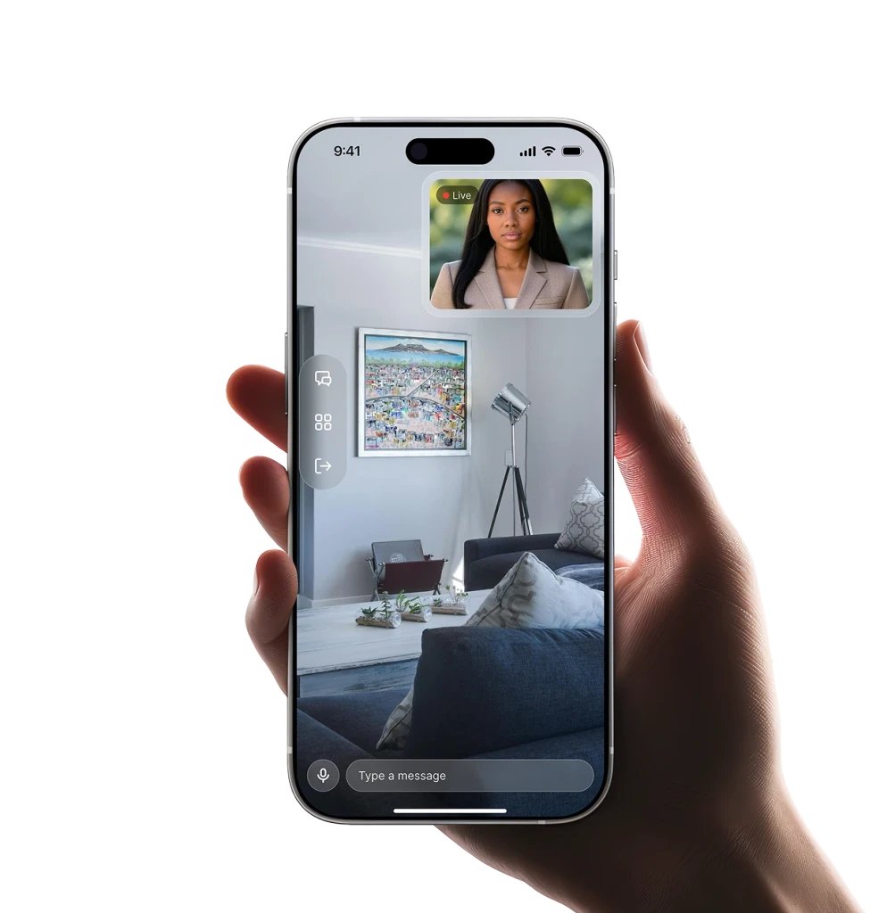 Hand holding a phone showing a live Path virtual property tour