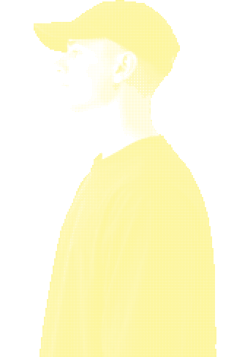Digital designer portrait with bold yellow typography