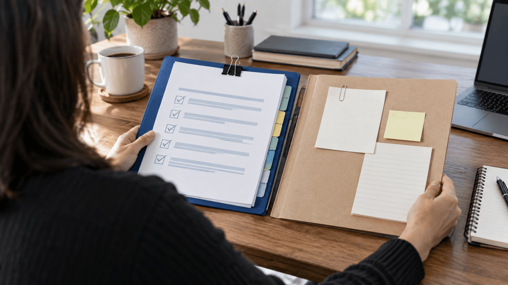 Illustration of a business owner comparing a completed project checklist with a folder of unresolved notes.