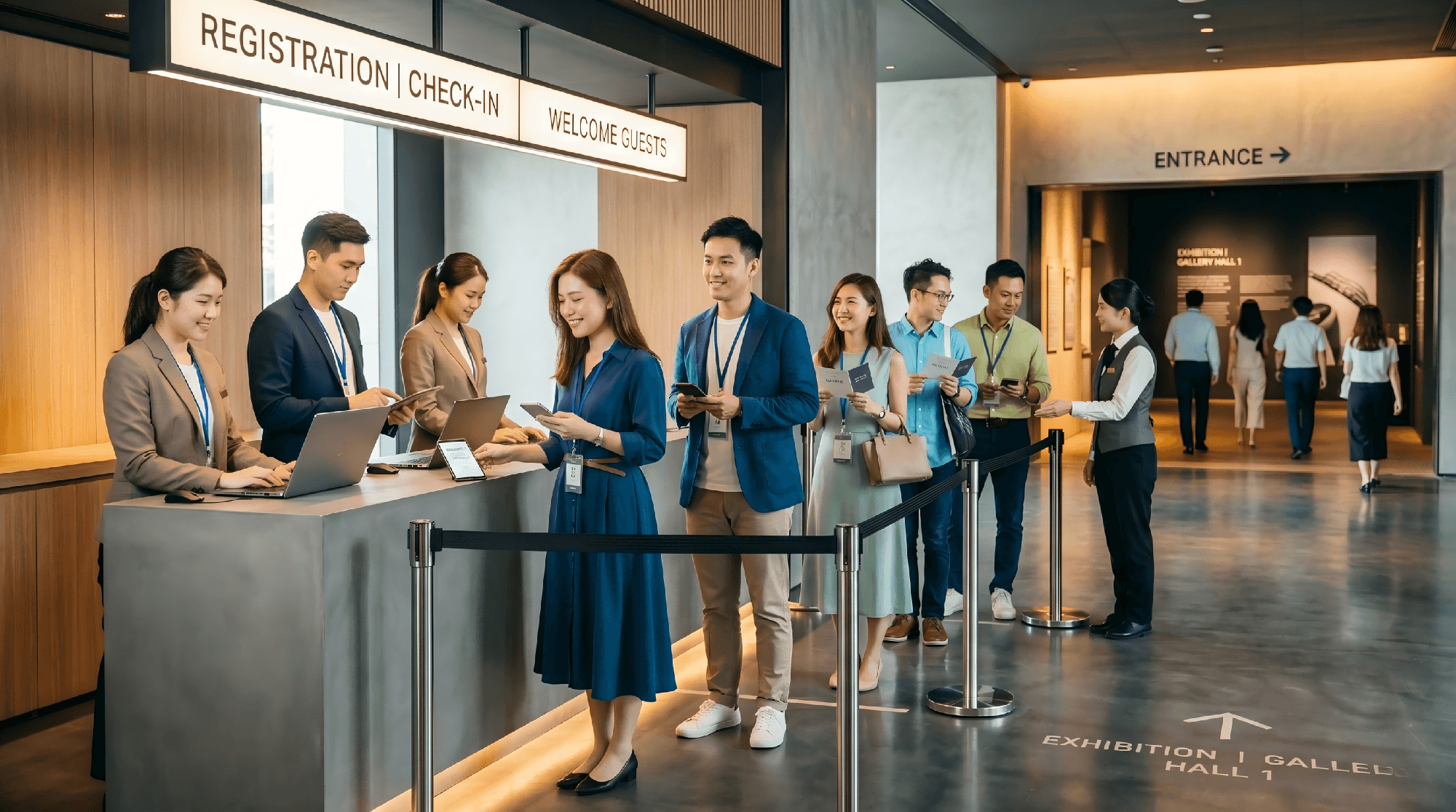 展覽開幕簽到區由專人接待與清晰動線指示，嘉賓順暢完成報到進場，讓整個開幕流程更有秩序 Exhibition opening guest registration area with staff guiding visitors and clear signage to keep check-in and entry flow organised 展覽開幕簽到動線 嘉賓接待 秩序管理