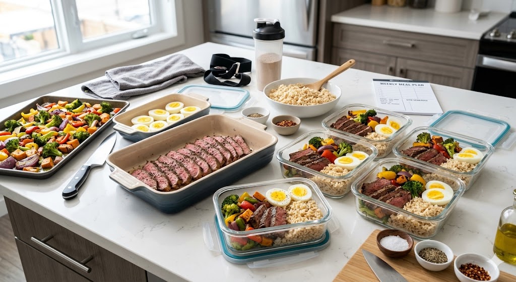 A collection of healthy bodybuilding meal prep containers on a kitchen counter, each filled with sliced sirloin steak, brown rice, hard-boiled eggs, and roasted vegetables, with a protein shaker in the background.
