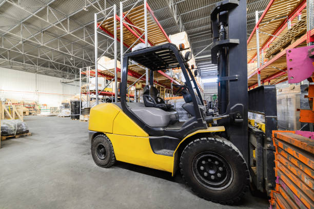 image of a forklift in a warehouse waiting to be used