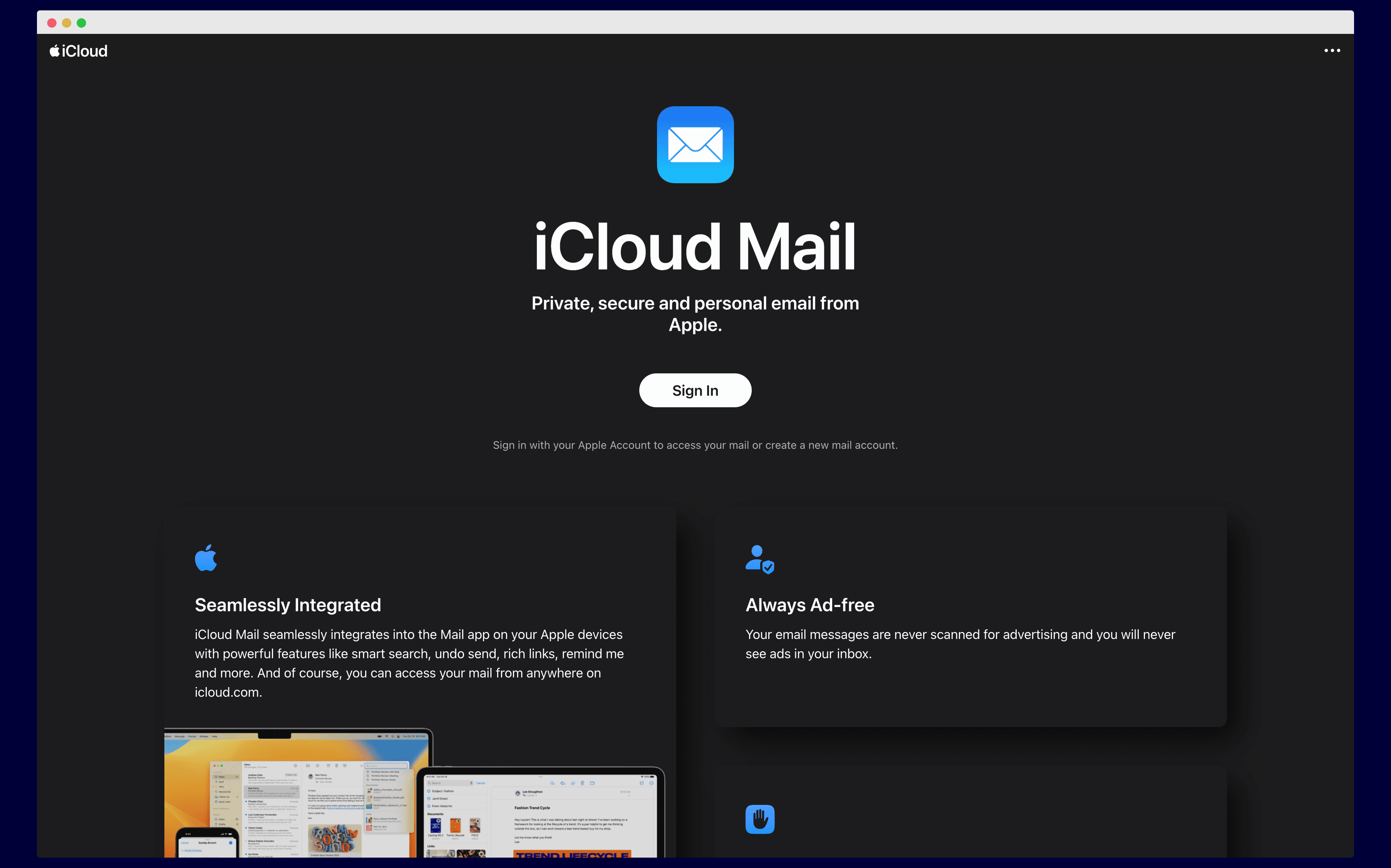 a screenshot of icloud mail landing page