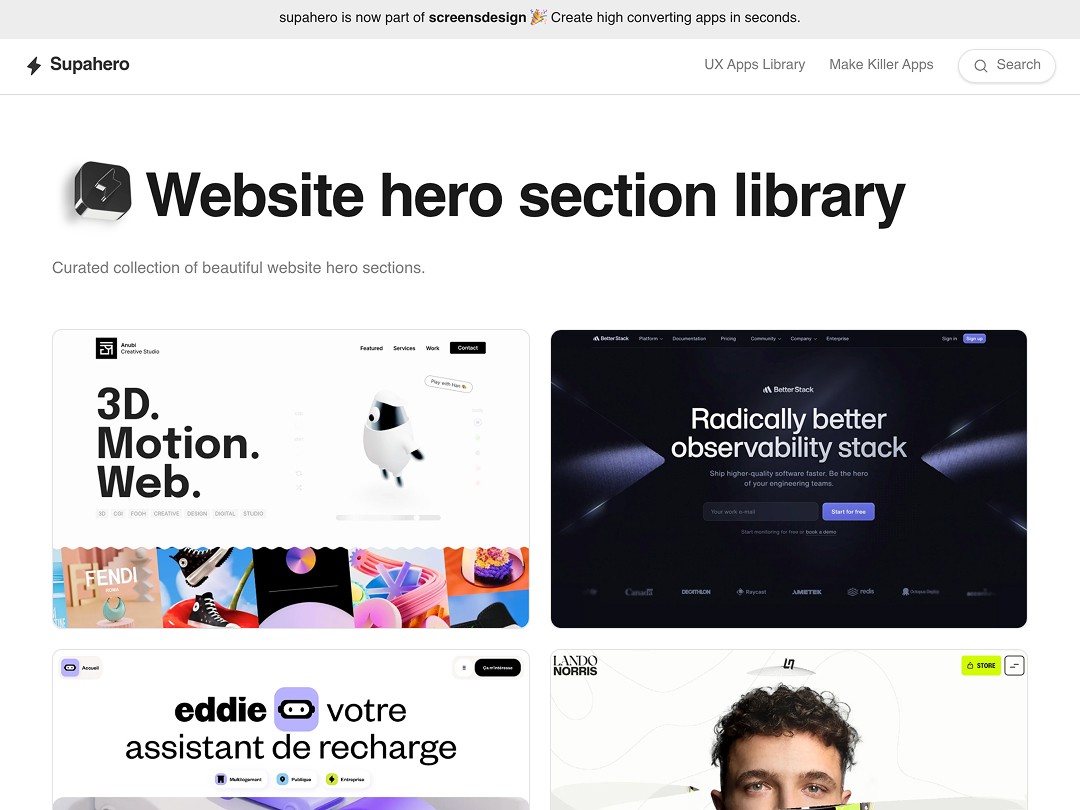 Website hero sections display with search bar and navigation options.