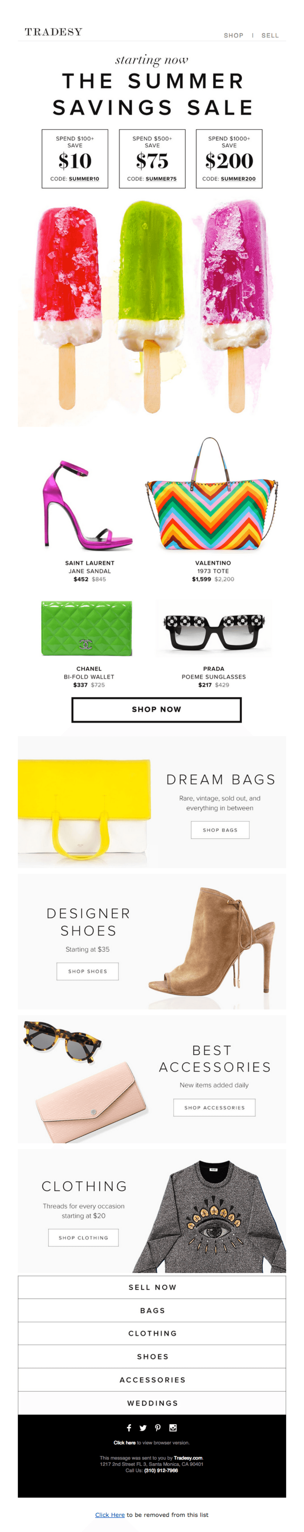 Summer Savings Sale email from Tradesy offering tiered discounts of $10, $75, and $200, featuring vibrant popsicle imagery, designer bags, shoes, and accessories with clear 'Shop Now' buttons."