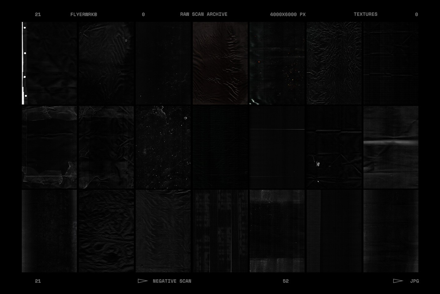 Selection of twentyone negative versions from the Raw Scan Archive showing dark grainy document scan textures