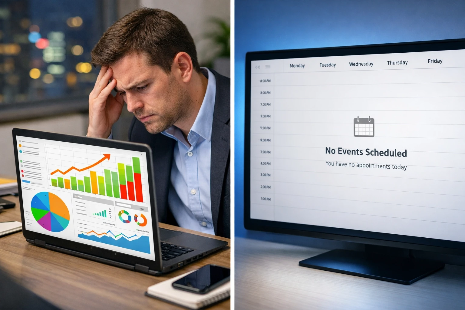 Melbourne consultant viewing Google Ads analytics with empty calendar showing zero booked discovery calls