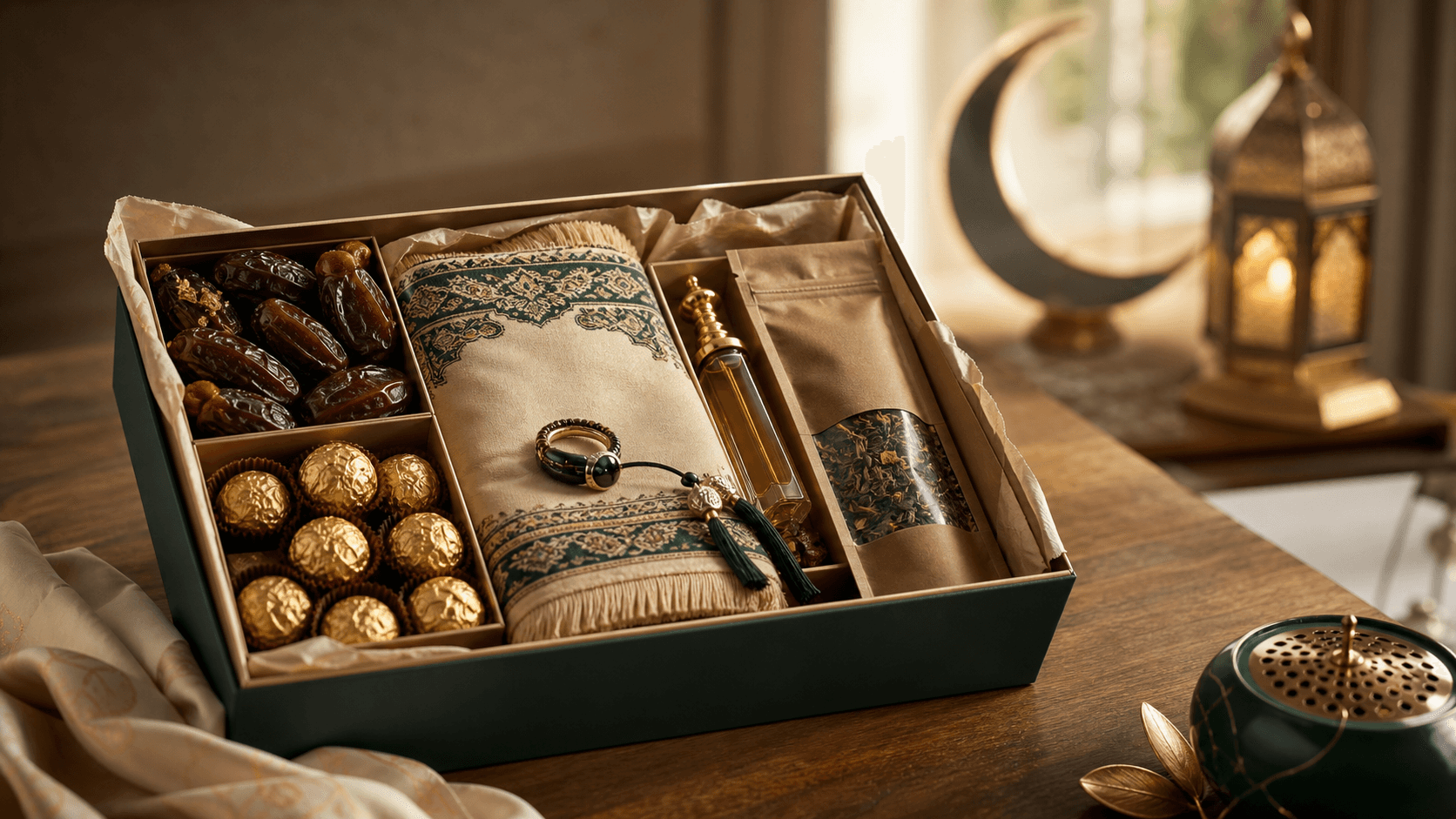 An opened Ramadan gift box with dates, a prayer mat, attar, chocolates and a lasting dhikr keepsake