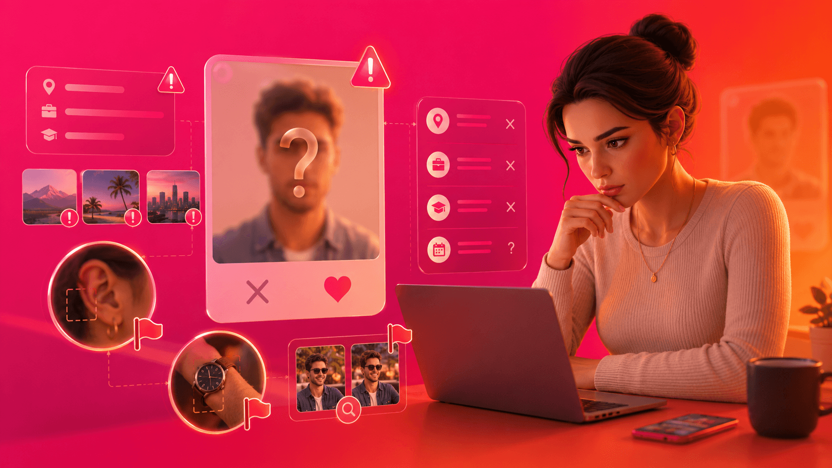 A fake profile warning concept with a blurred face and red flag icons.