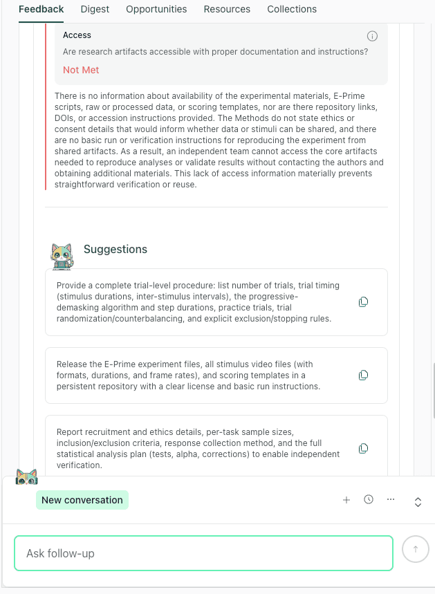 thesify Methods section feedback showing Access rubric check with revision suggestions for data materials or code availability