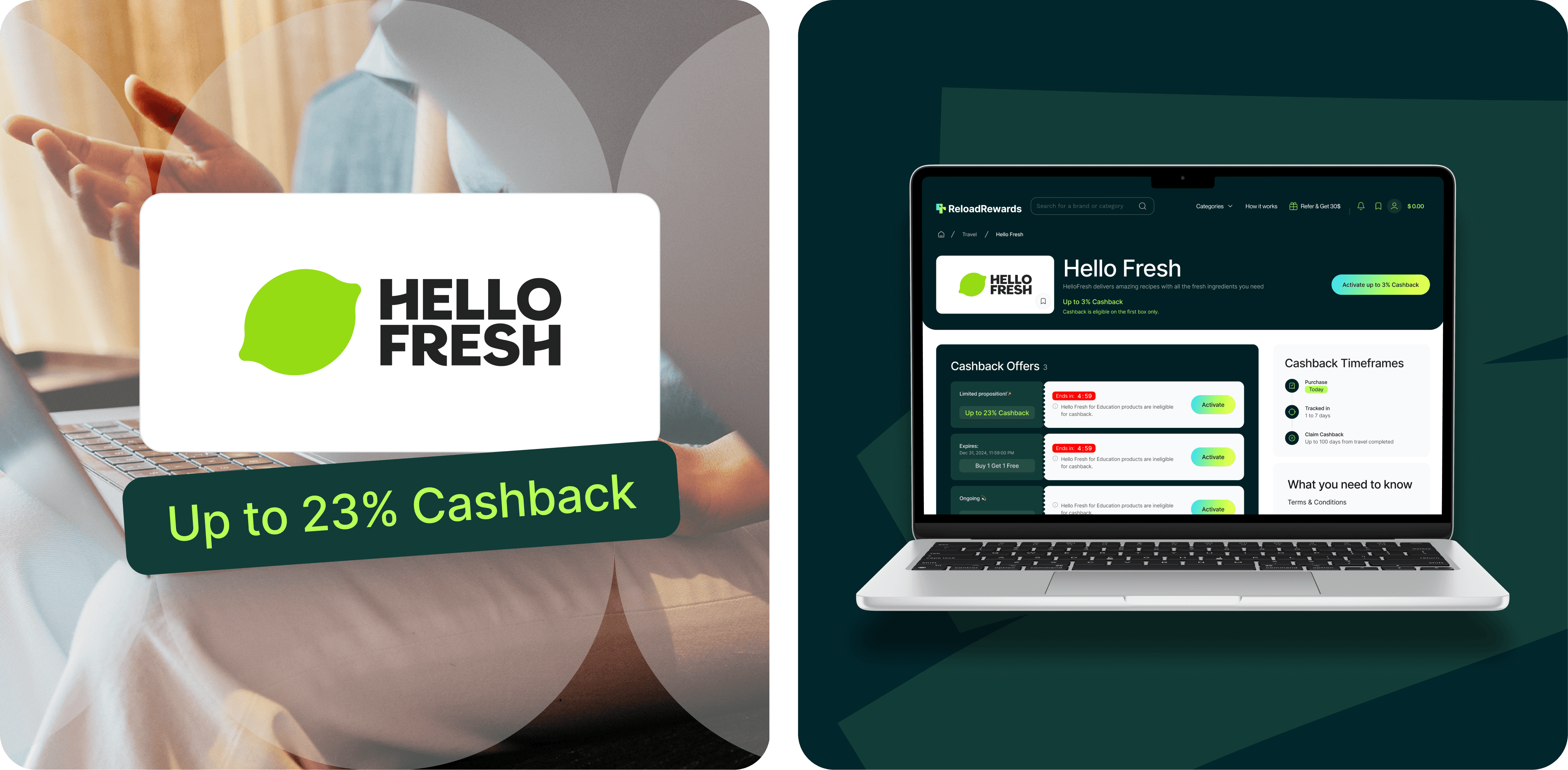 Visual promotion for Hello Fresh displayed on a digital screen, featuring the Hello Fresh logo with a green leaf icon and the text 'Up to 23% Cashback' in bold, bright green letters. The background shows a person using a laptop, suggesting an online shopping or browsing experience, with a sleek design emphasizing the cashback offer.