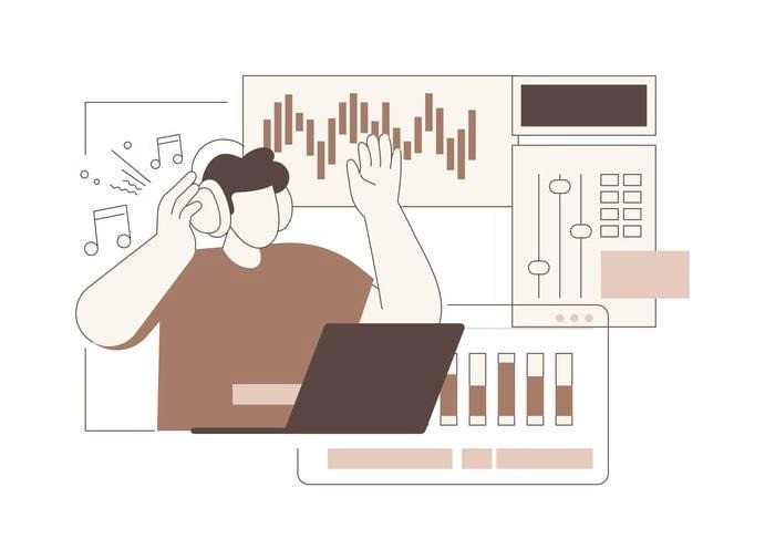The image shows audio engineers intently analyzing sound waves and frequency patterns displayed on computer screens, highlighting the intricate work involved in music recognition technology, such as that used by the Shazam app to identify songs and discover new music. Various graphs and waveforms illustrate the frequency domain, emphasizing the importance of audio fingerprints in recognizing music tracks.