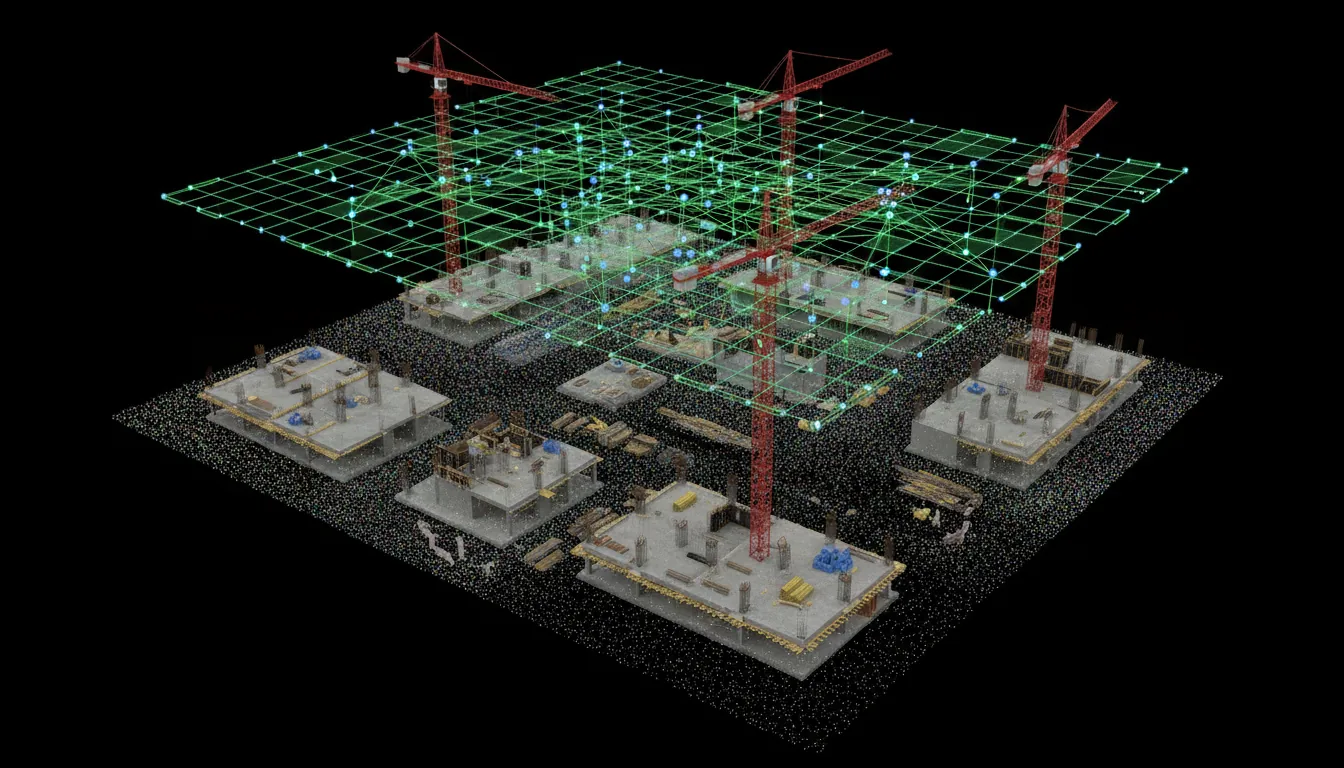 3D data visualization render of a reality capture process, high-angle view. The scene features a detailed photogrammetry 3D point cloud model of a large construction site with concrete structures and red cranes. Floating above the model against a pitch-black background is a wide, grid-like array symbolizing a drone flight path, consisting of hundreds of interconnected blue and green spheres and green wireframe rectangles. Blender style, soft global illumination, sharp focus.