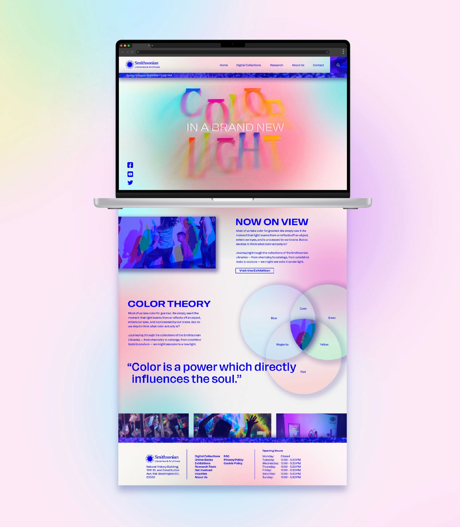 Brightly colored homepage for the Smithsonian Exhibit. Features the photo type treatment. 