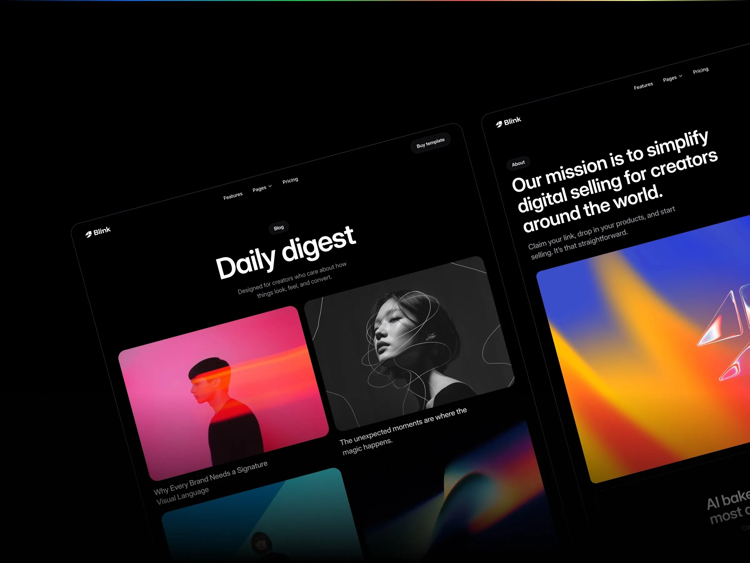 Digital content platform interface with vibrant images and bold text sections.