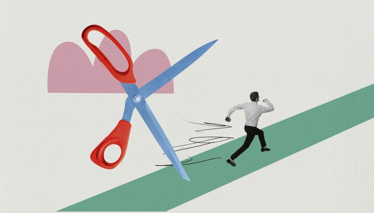 Surreal collage of large scissors and a person running upward, symbolizing the difference between furlough and layoff for careers.