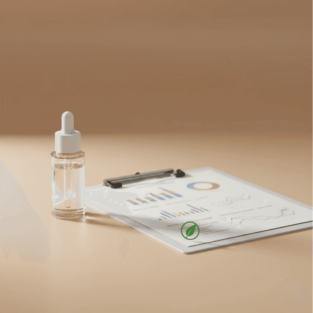 Clean modern still life showing a single serum bottle beside a simple lab clipboard with blurred charts, plus a small cruelty‑free leaf symbol, warm neutral background, soft focus, premium skincare science aesthetic, no readable text or branding.