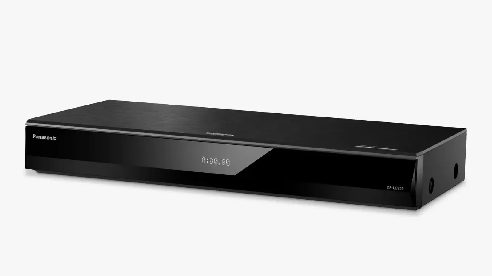 A sleek, black Panasonic Blu-ray player with a digital clock display sits against a plain white background, showcasing a modern design with minimalist controls on the front panel.