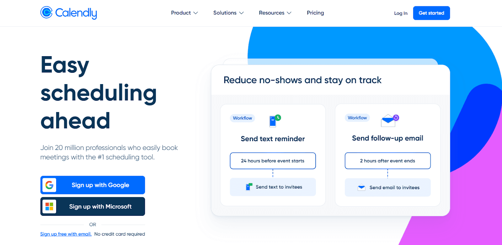 Homepage screenshot of Calendly showing the sign up link, and the navigation bar